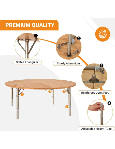 Mesa Plegable Redonda KingCamp de Bambú 95x40 cm Ajustable