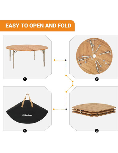 Mesa Plegable Redonda KingCamp de Bambú 95x40 cm Ajustable