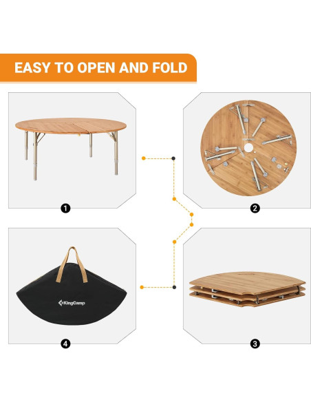 Mesa Plegable Redonda KingCamp de Bambú 95x40 cm Ajustable