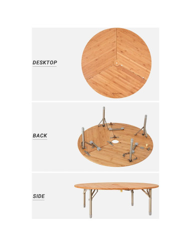 Mesa Plegable Redonda KingCamp de Bambú 95x40 cm Ajustable