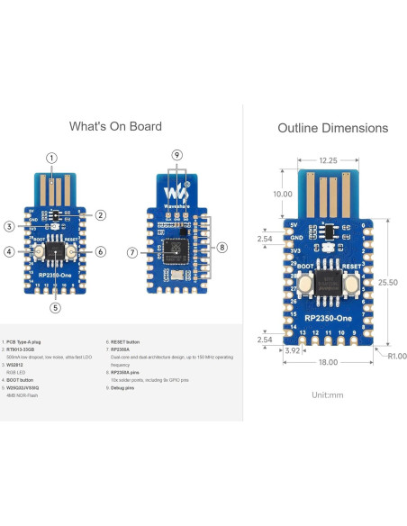 Placa MCU Waveshare RP2350-One 4MB Doble Núcleo 150MHz Placa MCU Waveshare RP2350-One 4MB Doble Núcleo 150MHz