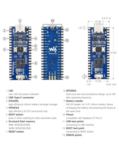 Placa de Desarrollo Waveshare RP2350-Plus Doble Núcleo