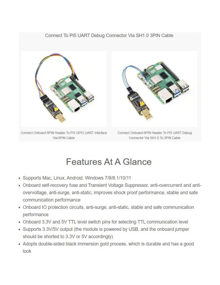 Módulo Depurador USB a UART Waveshare para Raspberry Pi 5 Módulo Depurador USB a UART Waveshare para Raspberry Pi 5