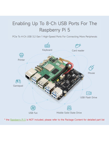 Placa PCIe a 4-Ch USB 3.2 Gen1 Waveshare para Raspberry Pi 5