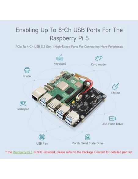 Placa PCIe a 4-Ch USB 3.2 Gen1 Waveshare para Raspberry Pi 5