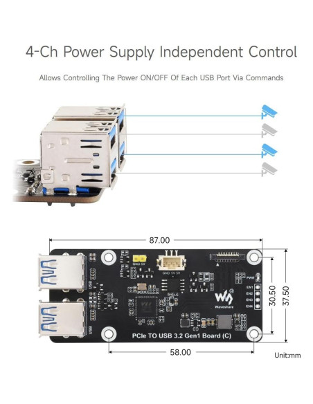 Placa PCIe a 4-Ch USB 3.2 Gen1 Waveshare para Raspberry Pi 5
