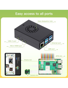 Kit Accesorios iRasptek para Raspberry Pi 5 - Caja Metal, Enfriador y Fuente 27W 2