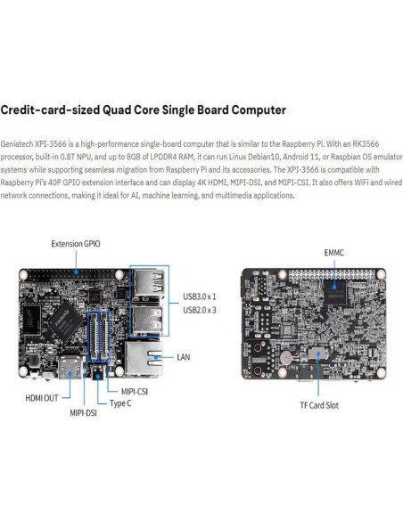 Placa de Circuito Único Geniatech XPI-3566 4 núcleos 8GB RAM