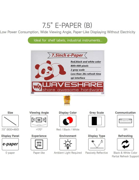 Pantalla E-Paper Waveshare 7.5" 800x480 para Raspberry Pi