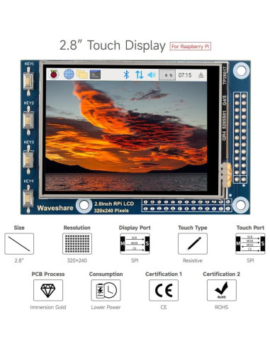 Pantalla TFT LCD táctil 2.8" Waveshare para Raspberry Pi