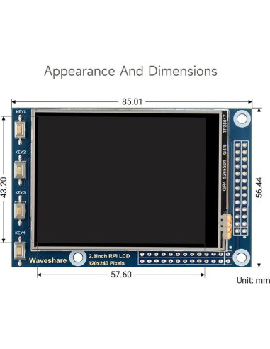 Pantalla TFT LCD táctil 2.8" Waveshare para Raspberry Pi