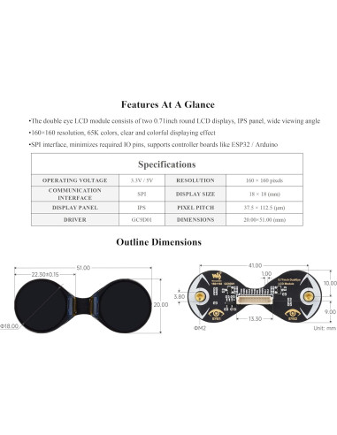 Módulo de Pantalla LCD Redonda Wonrabai 1.8 cm 160x160 IPS