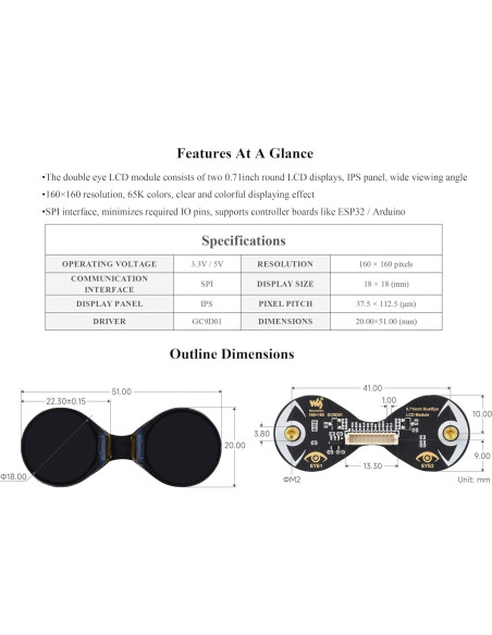Módulo de Pantalla LCD Redonda Wonrabai 1.8 cm 160x160 IPS