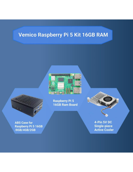 Kit Vemico Raspberry Pi 5 16GB con Enfriador y Caja ABS