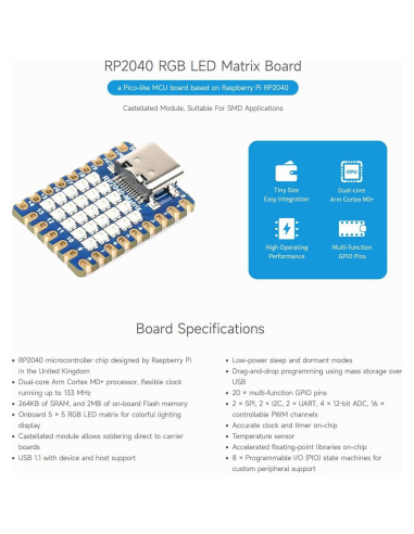 Placa de Desarrollo Waveshare RP2040-Matrix con Matriz LED RGB 5x5