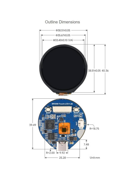 Placa MCU Waveshare RP2350 con LCD Táctil 1.28" 240x240 IPS Placa MCU Waveshare RP2350 con LCD Táctil 1.28" 240x240 IPS