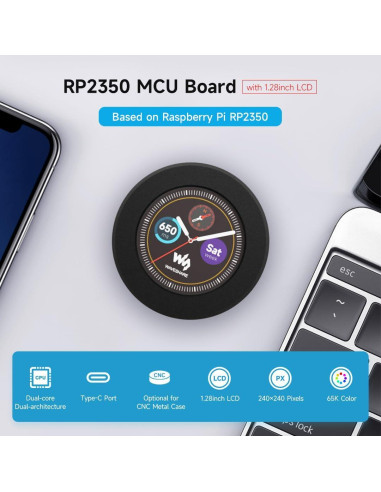 Placa MCU Waveshare RP2350 con LCD 1.28" IPS 240x240
