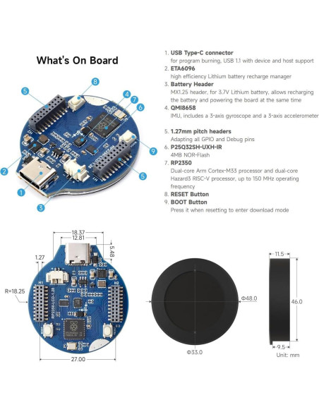 Placa MCU Waveshare RP2350 con LCD 1.28" IPS 240x240 Placa MCU Waveshare RP2350 con LCD 1.28" IPS 240x240