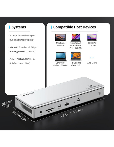 Dock Thunderbolt 4 WAVLINK 13-en-1 Doble HDMI 4K 60Hz
