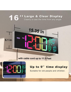 Reloj de Pared Digital JALL 16" LED con Alarma y Temporizador 2