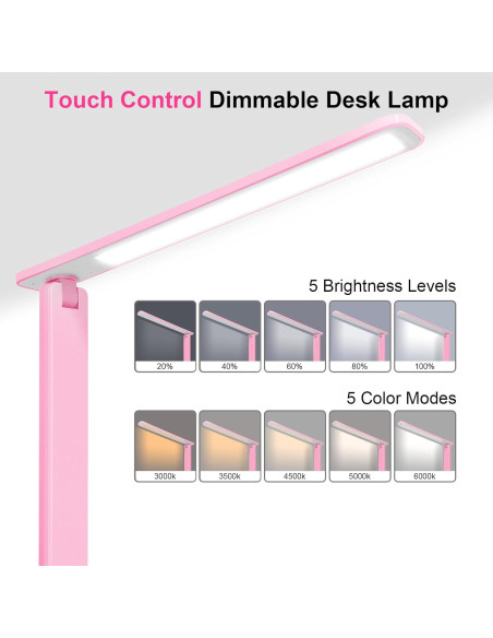 Lámpara de Escritorio LED Regulable Cabeza Blanca Rosa 5 Modos
