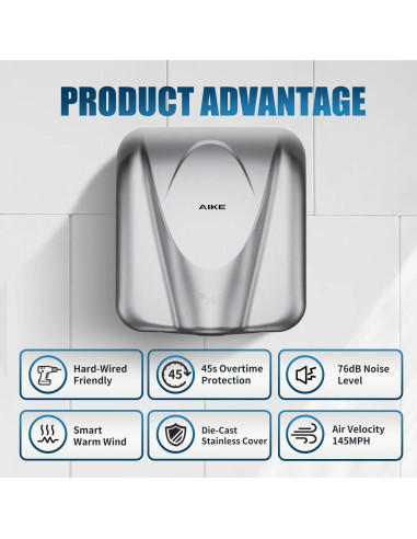 Secador de Manos AIKE AK2812 Acero Inoxidable 1400W 8-12s