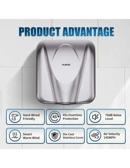 Secador de Manos AIKE AK2812 Acero Inoxidable 1400W 8-12s