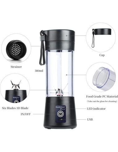 Licuadora Portátil USB DoubleCare 380ml Negra para Batidos