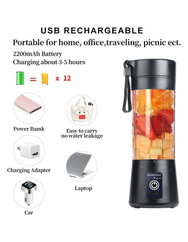 Licuadora Portátil USB DoubleCare 380ml Negra para Batidos