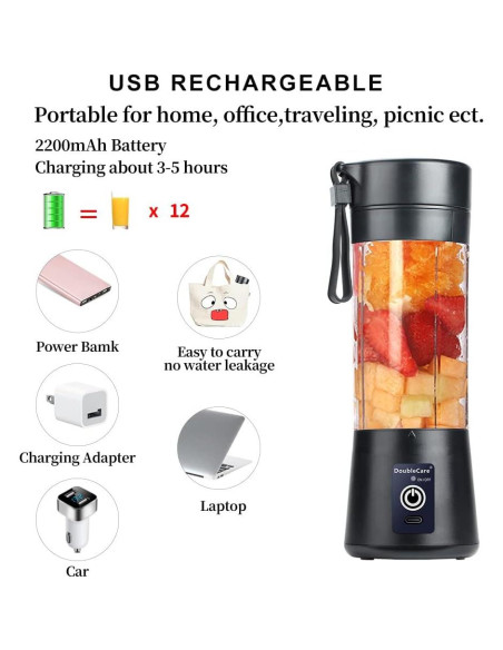 Licuadora Portátil USB DoubleCare 380ml Negra para Batidos