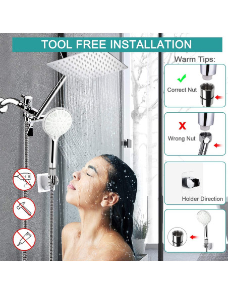 Cabezal de Ducha de Lluvia 8" Tudoccy con Ducha de Mano 9 Configuraciones