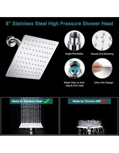 Cabezal de Ducha de Lluvia 8" Tudoccy con Ducha de Mano 9 Configuraciones