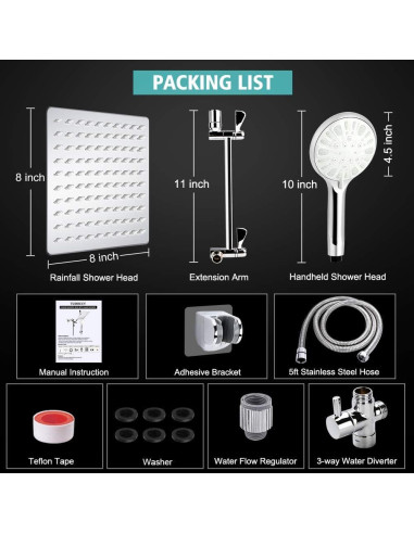 Cabezal de Ducha de Lluvia 8" Tudoccy con Ducha de Mano 9 Configuraciones