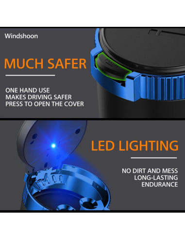 Cenicero de coche Windshoon con tapa y luz LED azul