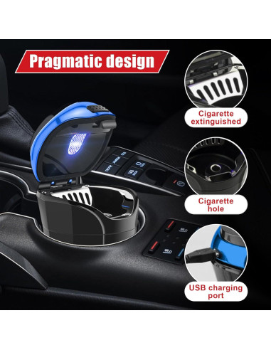 Cenicero de coche con tapa Suvnie USB recargable azul