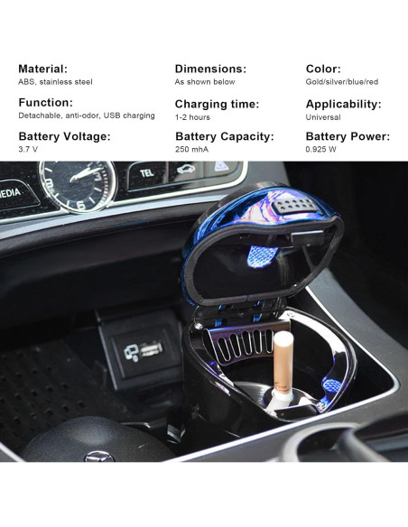 Cenicero de coche con tapa Suvnie USB recargable azul