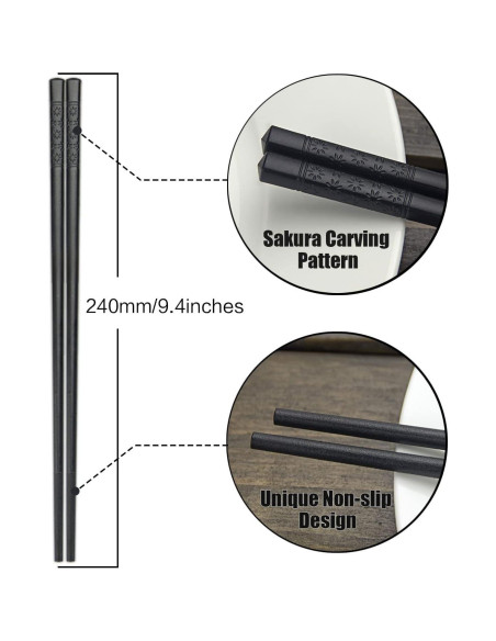 Palillos Reutilizables YFWOOD 23.9 cm Antideslizantes - Negro