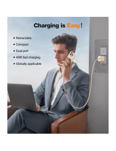 Cargador USB C TORRAS 40W con Cable Retráctil Dorado Rosa 2