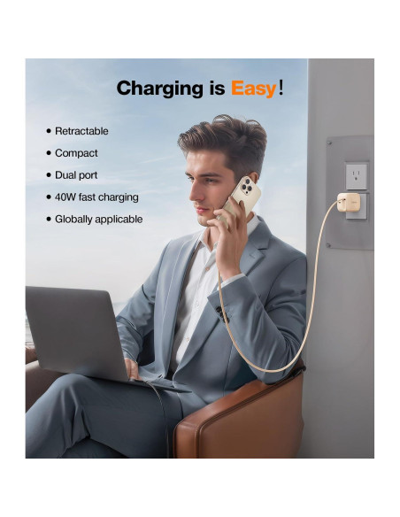 Cargador USB C TORRAS 40W con Cable Retráctil Dorado Rosa