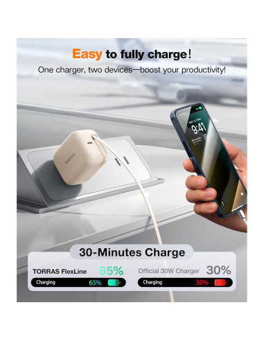 Cargador USB C TORRAS 40W con Cable Retráctil Dorado Rosa