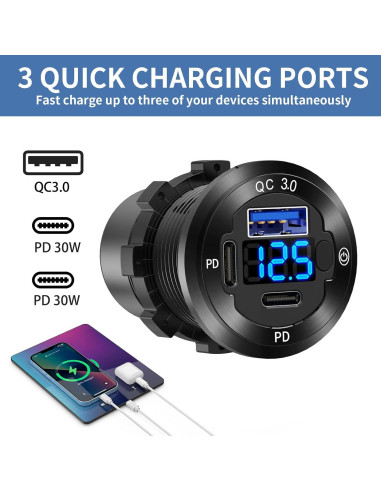 Cargador USB 12V Hapytrip 3 Puertos con Voltímetro