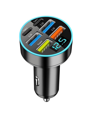 Cargador de Auto Moioee 66W USB 6 en 1 con Monitor