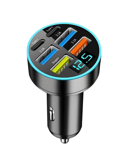 Cargador de Auto Moioee 66W USB 6 en 1 con Monitor
