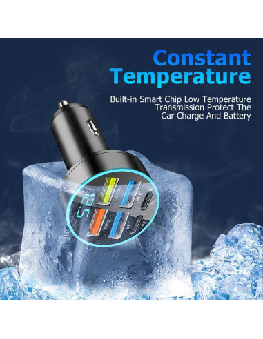 Cargador de Auto Moioee 66W USB 6 en 1 con Monitor