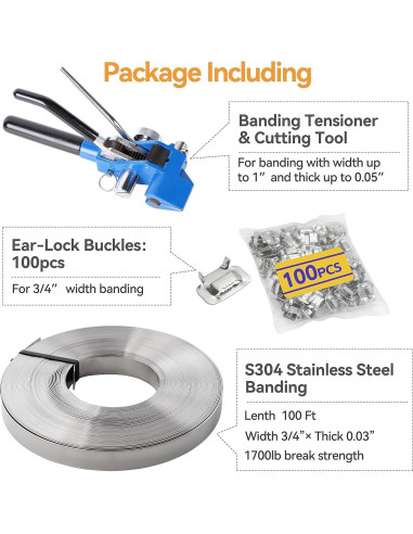 Kit de Banda de Acero Bubuweiying PRO-01 30,48 m 100 Hebillas