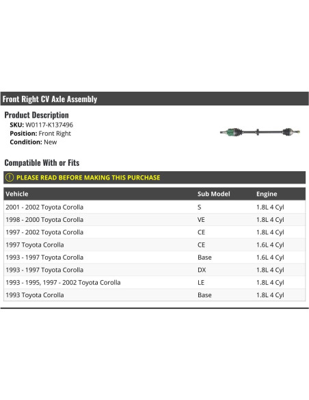 Eje CV Lateral Derecho Toyota Corolla 1993-2002 - Marketplace Auto Parts