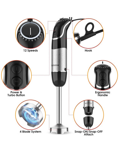 Batidora de Inmersión Blackcow 800W 12 Velocidades Acero Inoxidable