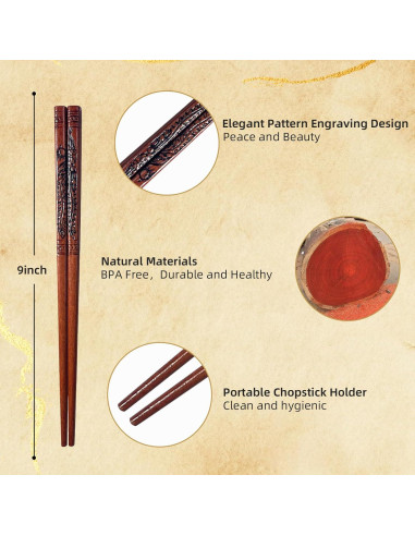 Juego de 2 pares de palillos de madera reutilizables - Dragón y Fénix