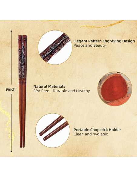 Juego de 2 pares de palillos de madera reutilizables - Dragón y Fénix