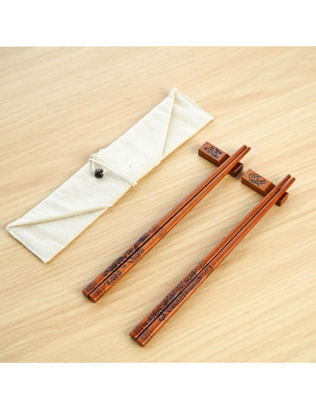 Juego de 2 pares de palillos de madera reutilizables - Dragón y Fénix